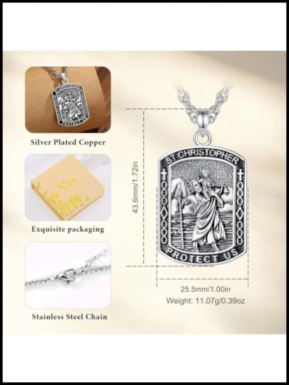 Saint Christopher Dog Tag Pendant Necklace Silver Plated Copper